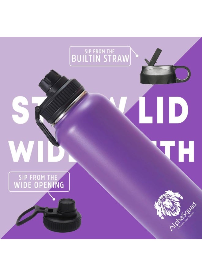 ALPHASQUAD 40Oz / 1200Ml Vacuum Insulated Flask, Double Walled Thermolab Series Stainless Steel Sports Water Bottle With Straw Lid, 2 Lids Included, Hot Cold Thermos, Sports Bottle (Purple) - Image 3